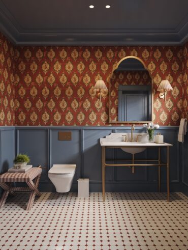 Lavabo com papel de parede em meia-parede