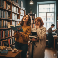 Duas amigas rindo com livros na mão em uma livraria