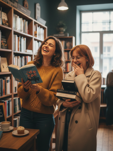 Duas amigas rindo com livros na mão em uma livraria