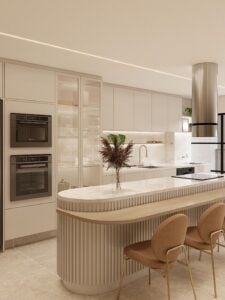 Cozinha em cores claras com península em formato orgânico e painel ripado