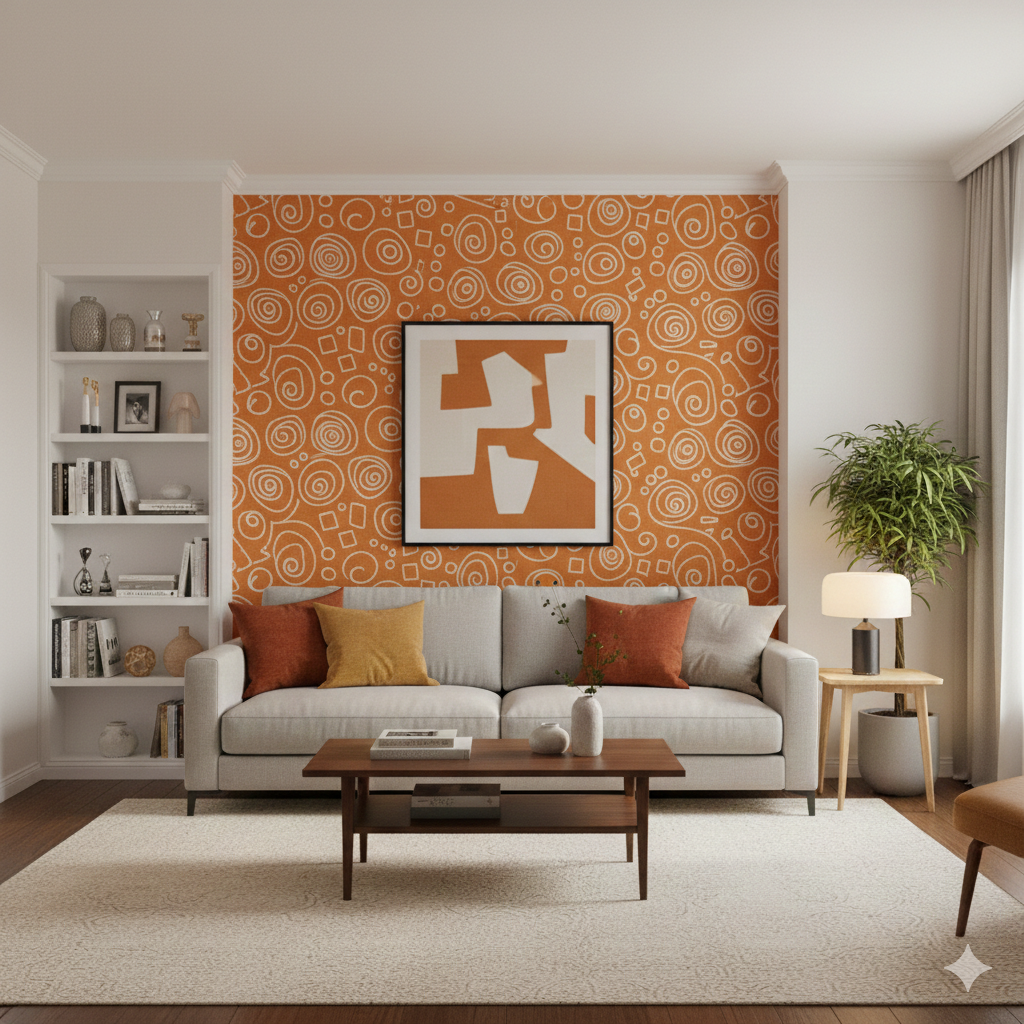 Sala de estar com móveis neutros, mesa de centro de madeira e papel de parede laranja atrás do sofá com quadro