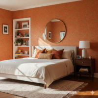 Quarto de casal com cama espaçosa, mesa de cabeceira de madeira com abajur, estante embutida branca e papel de parede laranja