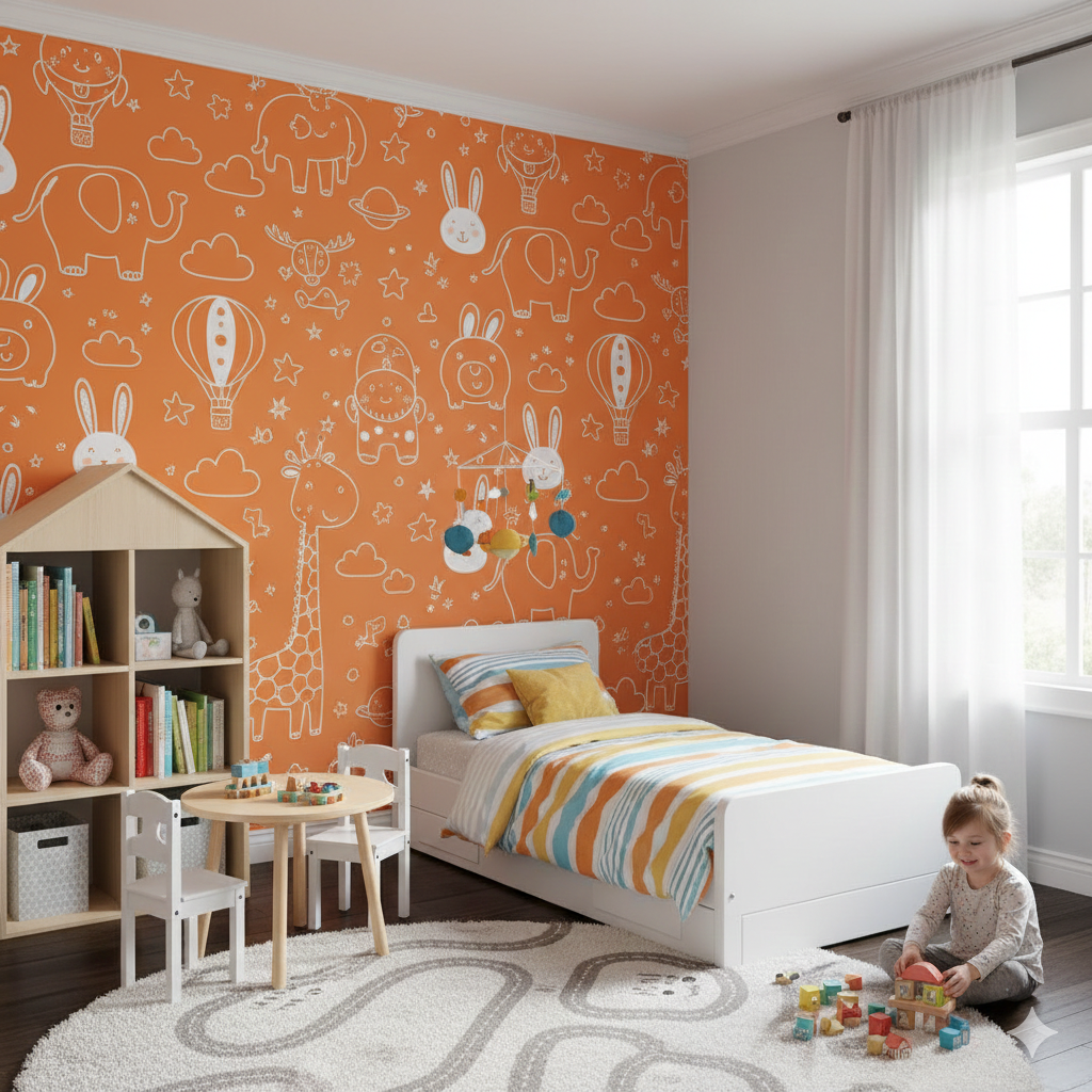 Quarto infantil com cama branca e edredom colorido, tapete redondo e papel de parede com desenhos lúdicos e bichinhos