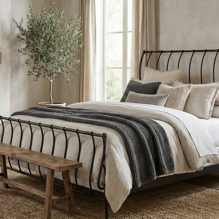 Quarto com cama de ferro, sobreposição de camadas e texturas, vaso com árvorezinha e cortina leve