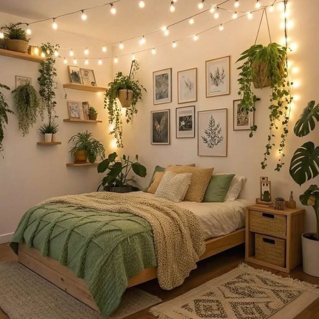 Quarto com cordão de luzes, quadros e plantas