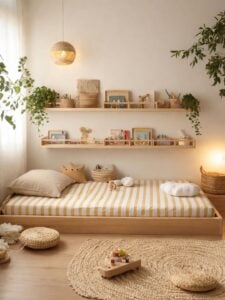 Quarto infantil com cama baixza, tapete de fibras naturais, prateleiras acessíveis e cestos organizadores