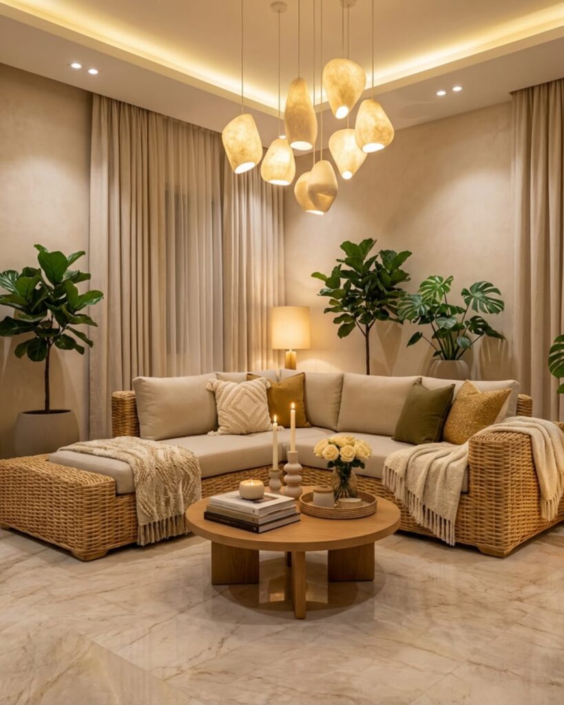 Sala de estar com sofá em L de rattan com estofado e almofadas