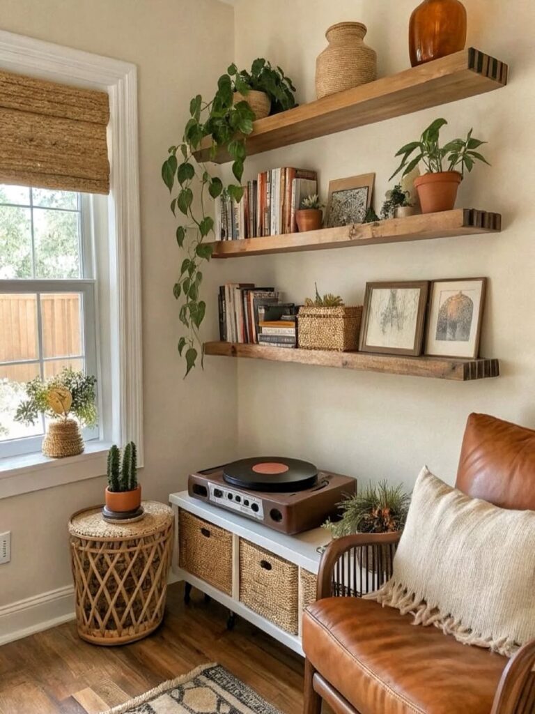 Sala de estar com poltrona de couro, prateleiras de madeira com livros e quadros, e mesinha de rattan com cactus