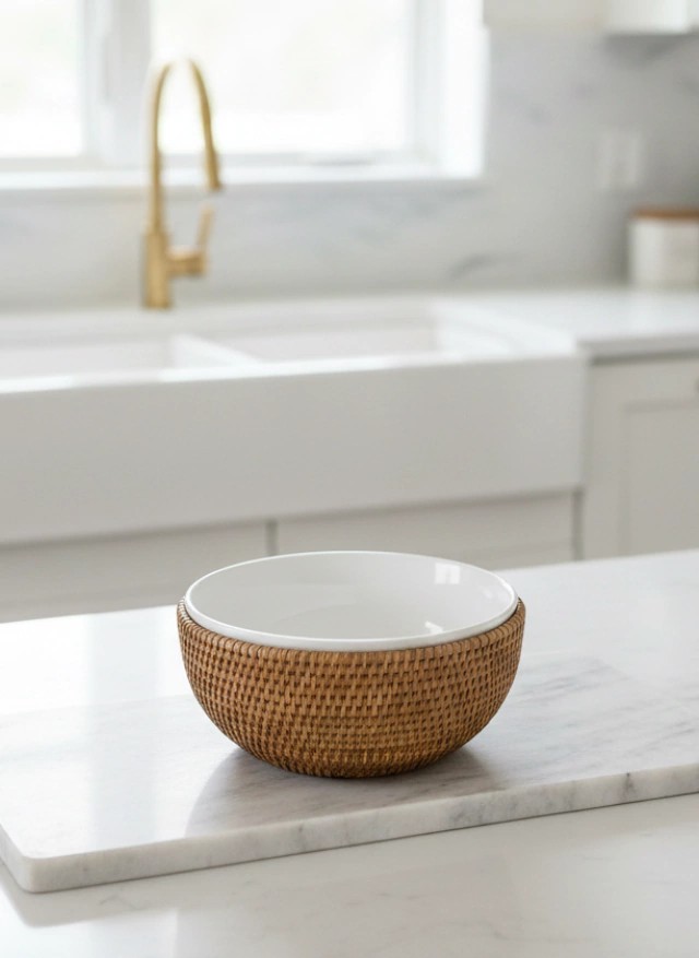 Bowl branco com rattan ao redor