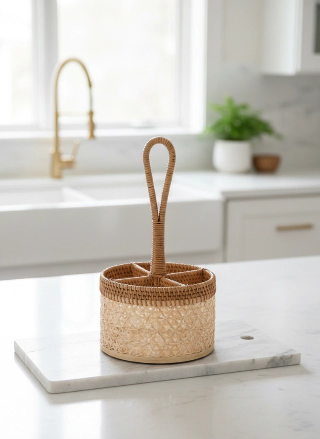 Porta-talheres com detalhes em rattan