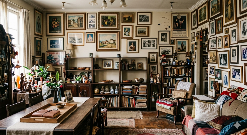 Sala com estante, muitos quadros, livros e objetos decorativos
