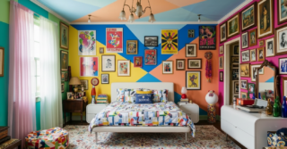 Quarto com paredes coloridas em azul, amarelo e rosa, quadros, pufe e colcha com figuras geométricas