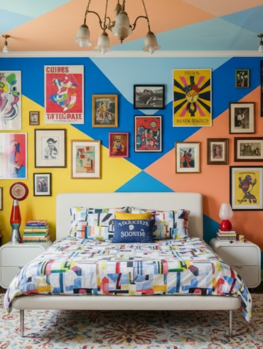 Quarto com paredes coloridas em azul, amarelo e rosa, quadros, pufe e colcha com figuras geométricas