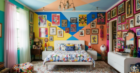 Quarto com paredes coloridas em azul, amarelo e rosa, quadros, pufe e colcha com figuras geométricas