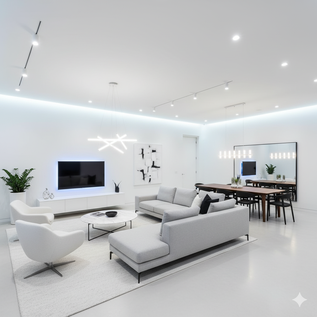 Sala de estar e jantar branca com mesa marrom, sofas de linhas retas e muitas luzes brancas