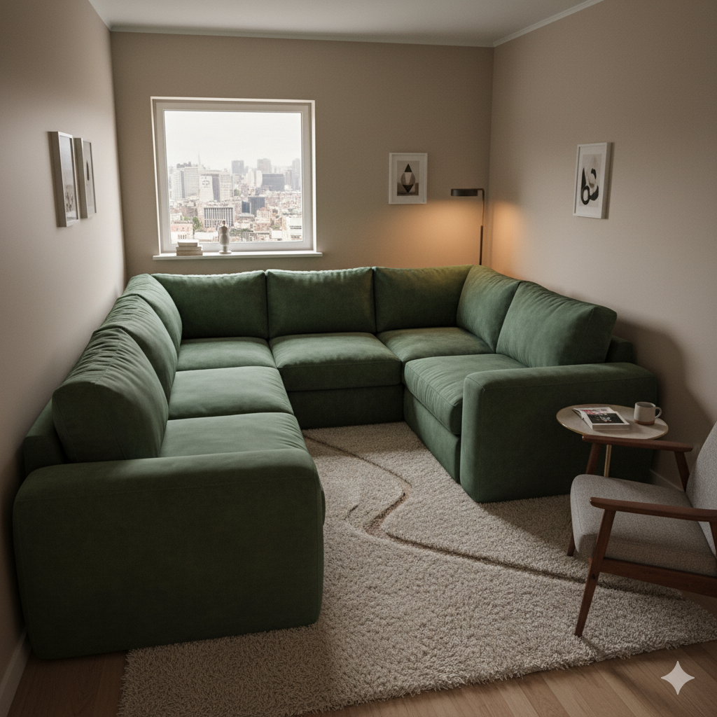 Sala pequena com sofá verde aveludado grande