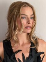 Mulher de pele clara, com cabelo loiro, vestido preto e Brontë Blush