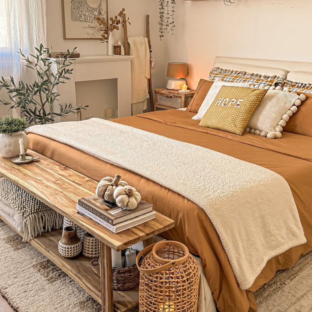 Cama posta com almofadas e manta, banco de madeira aos pés da cama, elementos com texturas