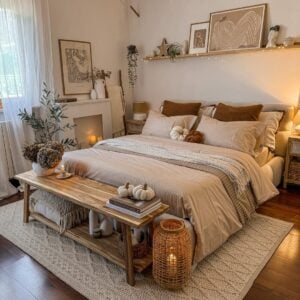 Quarto no estilo boho, com materiais naturais, texturas e sobreposição na cama