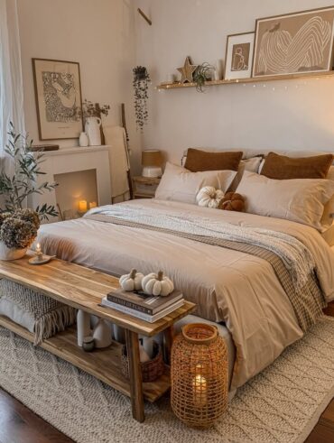 Quarto no estilo boho, com materiais naturais, texturas e sobreposição na cama