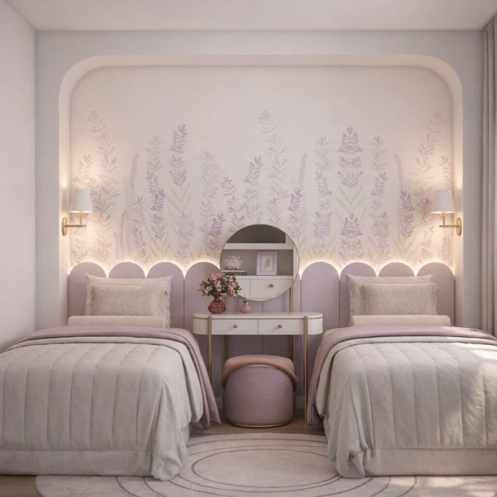 Quarto na cor lavanda com duas camas, cabeceira modular e penteadeira com espelho e banqueta