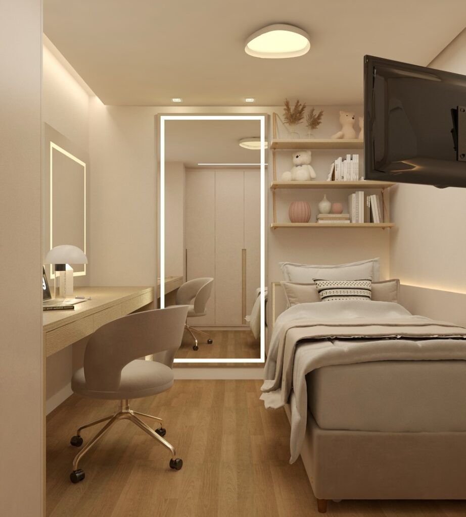Quarto de solteiro com escrivaninha, espelho retangular com led, prateleira com livros e ursinhos