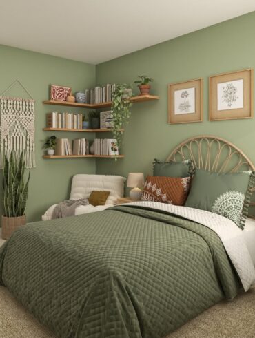 Quarto com paredes e roupa de cama verdes, prateleiras de canto com livros e objetos decorativos
