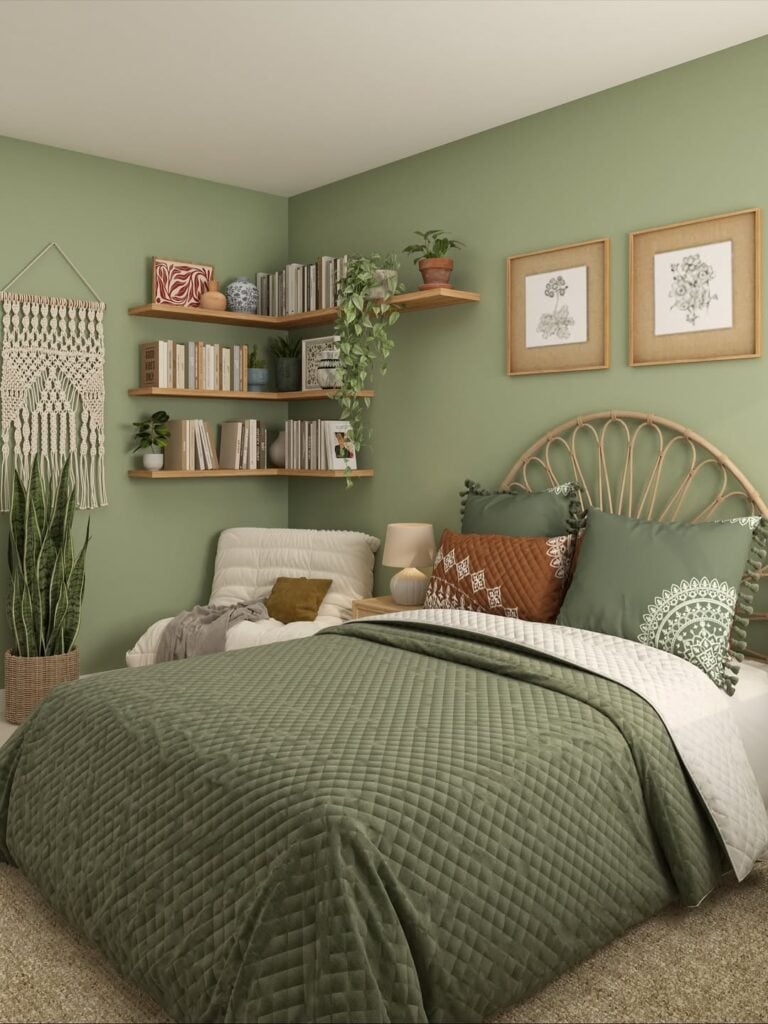 Quarto com paredes e roupa de cama verdes, prateleiras de canto com livros e objetos decorativos
