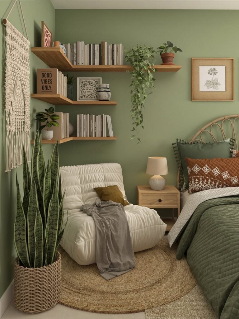 Quarto verde, tapete de sisal, poltrona branca e móveis de madeira clara