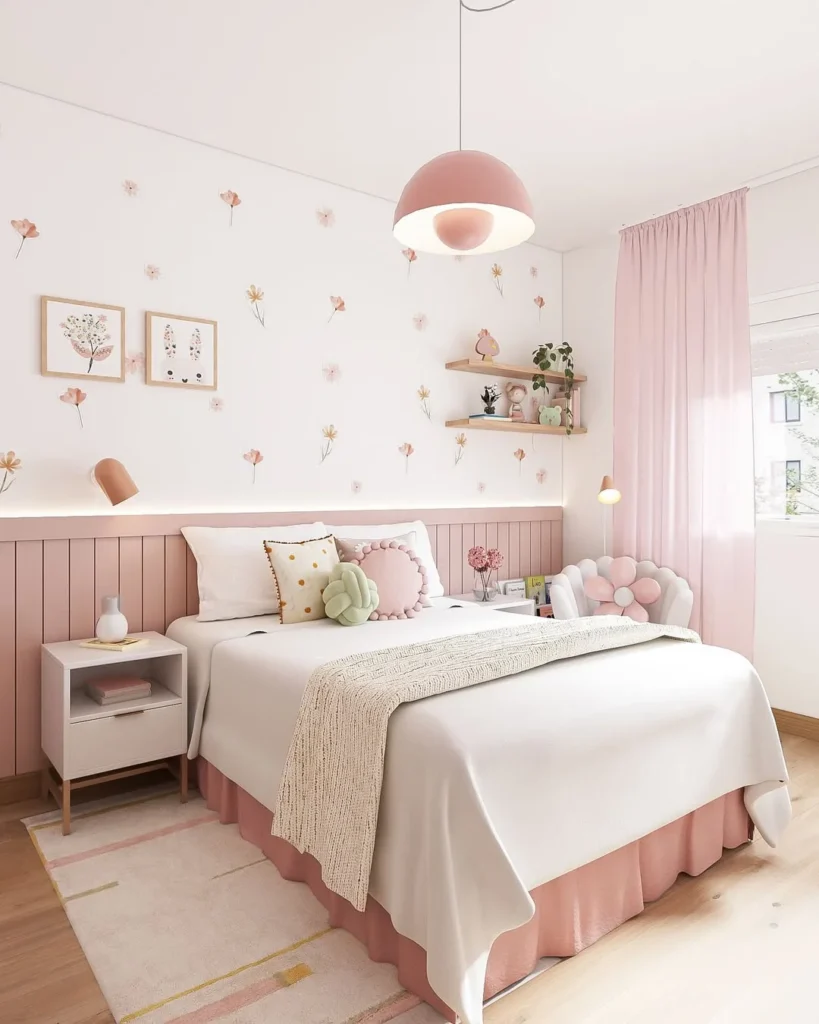 Quarto de menina em branco e rosa claro, com cabeceira de lambri, papel de parede floral e cortina rosa