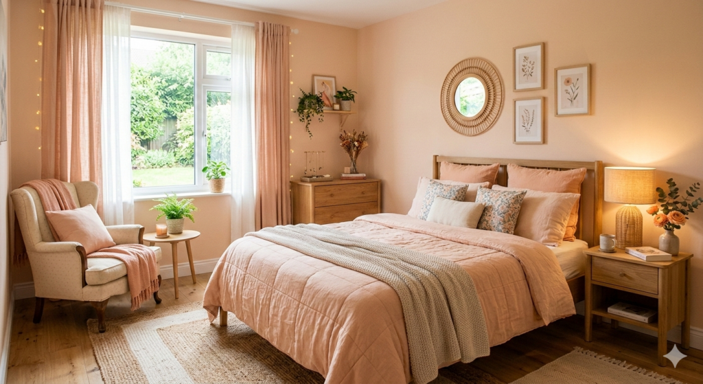 Quarto feminino com mesa de cabeceira e cômoda de madeira, poltrona em um canto e grande janela com cortina
