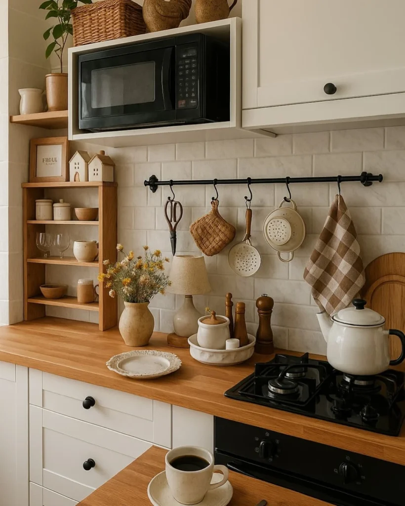 Cozinha com bancada e mini estante de madeira, suporte para ganchos e armário branco