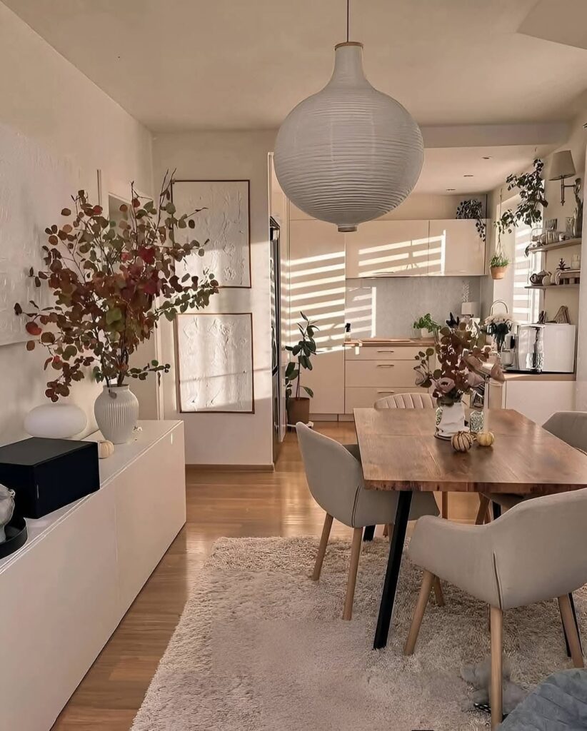 Sala de jantar e cozinha em branco, tons de bege e madeira