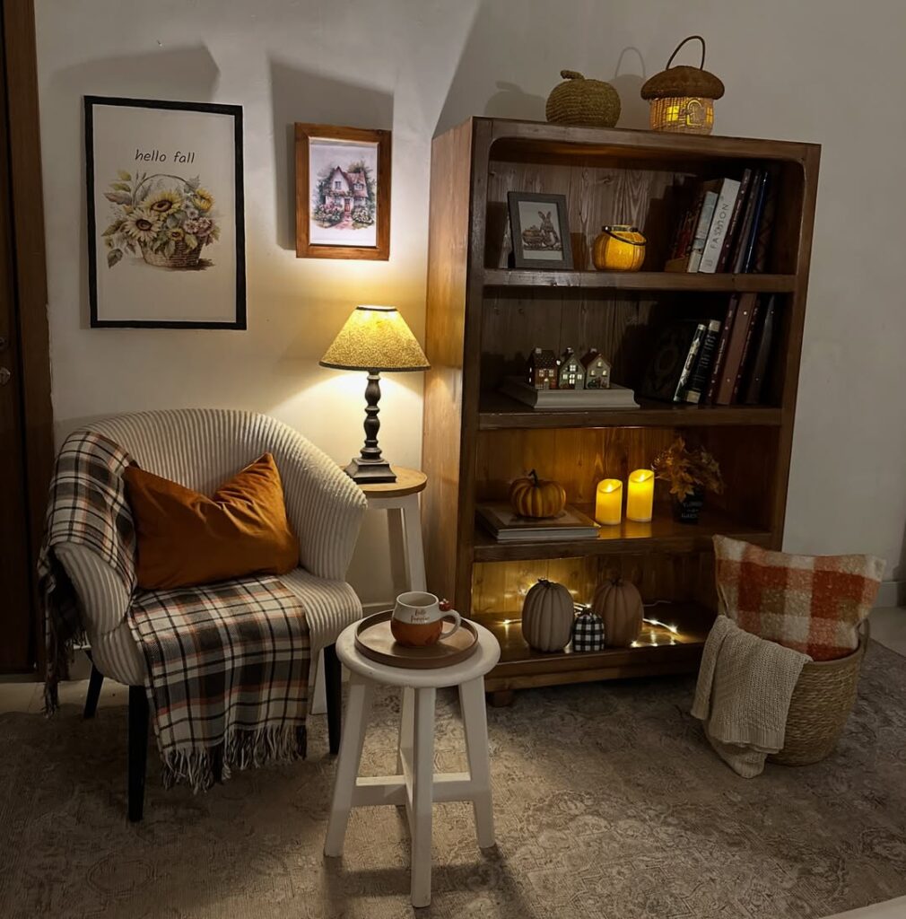 Sala de estar com iluminação quente para o outono