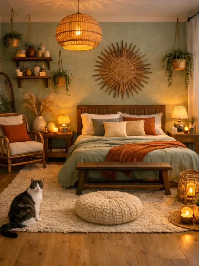 Quarto no estilo boho e cores terracota e verde, com plantas, luminárias de fibras naturais e gatinho
