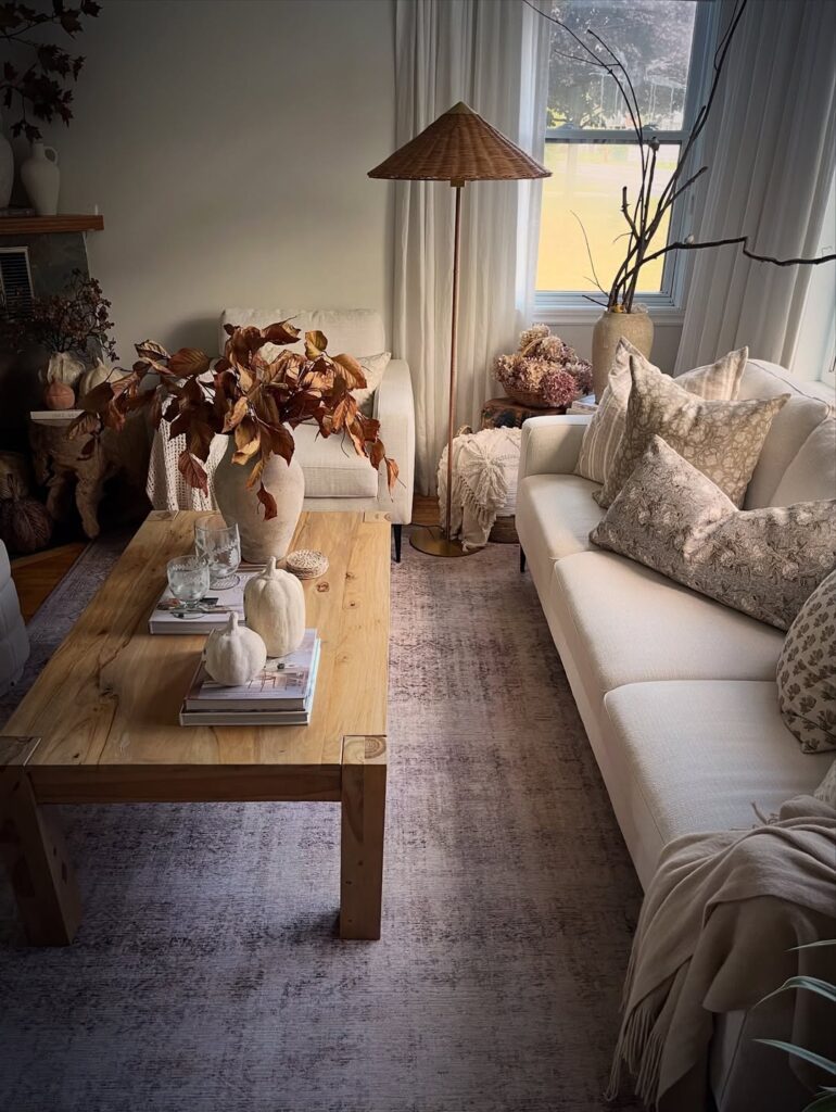 Sala de estar com sofá branco, almofadas e mesa de centro de madeira com vasos de cerâmica