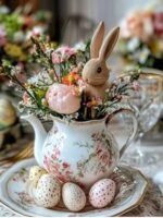 Enfeite de Páscoa para a mesa utilizando um bule decorador e flores