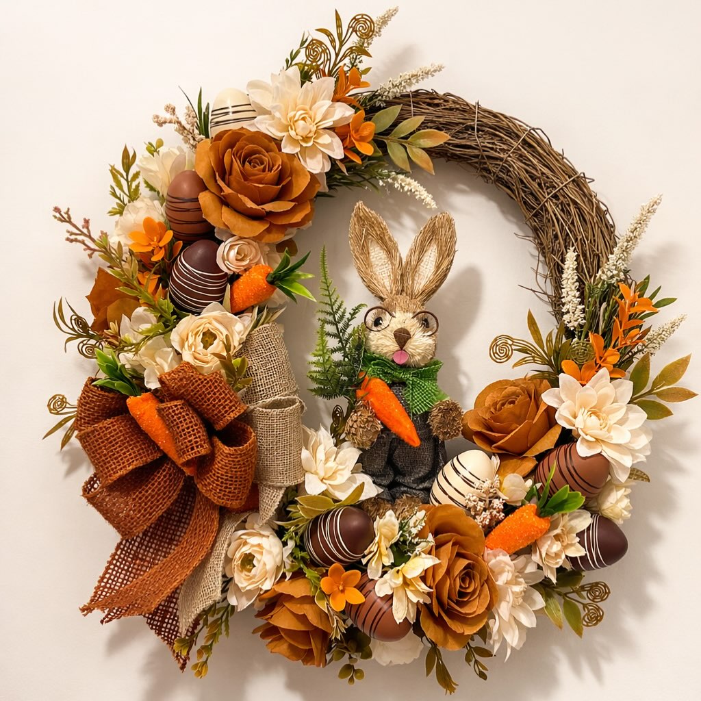 Guirlanda em tons terrosos com coelho, flores, ovos de chocolate e cenouras