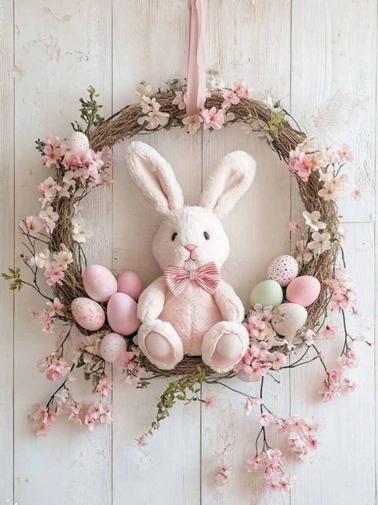 Guirlanda em rosa e branco com coelho de pelúcia, ovinhos e flores