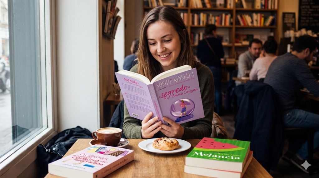 Mulher jovem lendo livro enquanto toma um café