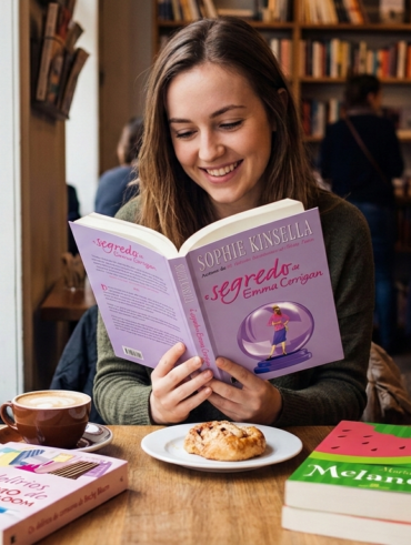 Mulher jovem lendo livro enquanto toma um café