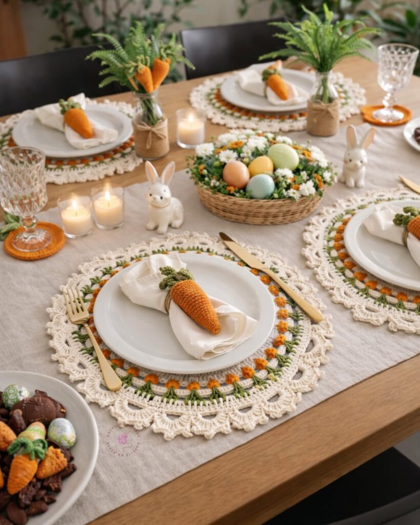 Mesa com decoração de páscoa, sousplats de crochê, cenouras de crochê amarradas ao guardanapo