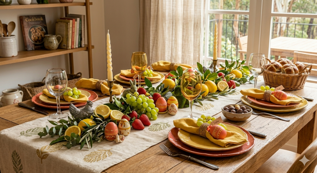 Mesa de madeira decorada para a Páscoa com pratos laranja e amarelos, cesto com pães e centro de mesa com frutas