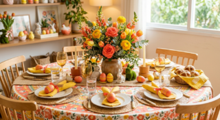 Mesa de Páscoa nas cores coral e amarelo, com sousplats de fibras naturais, guardanapos dobrados em formato de orelhinhas e ovinhos