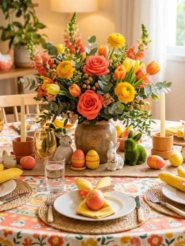 Mesa de Páscoa nas cores coral e amarelo, com sousplats de fibras naturais, guardanapos dobrados em formato de orelhinhas e ovinhos
