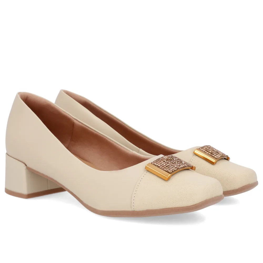Scarpin Bege Couro Bico Quadrado Enfeite, Usaflex, R$ 199,99