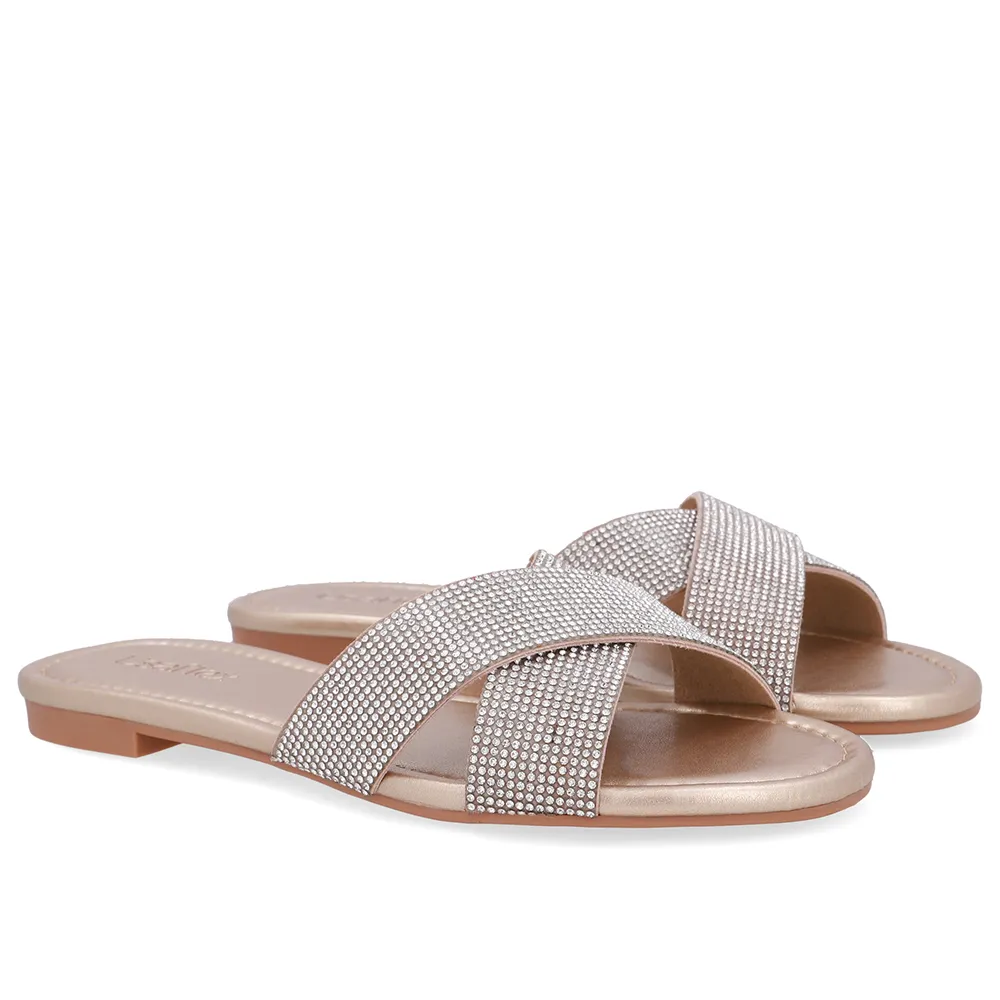 Slide Dourado Rasteiro Tira Strass, Usaflex, R$ 189,99