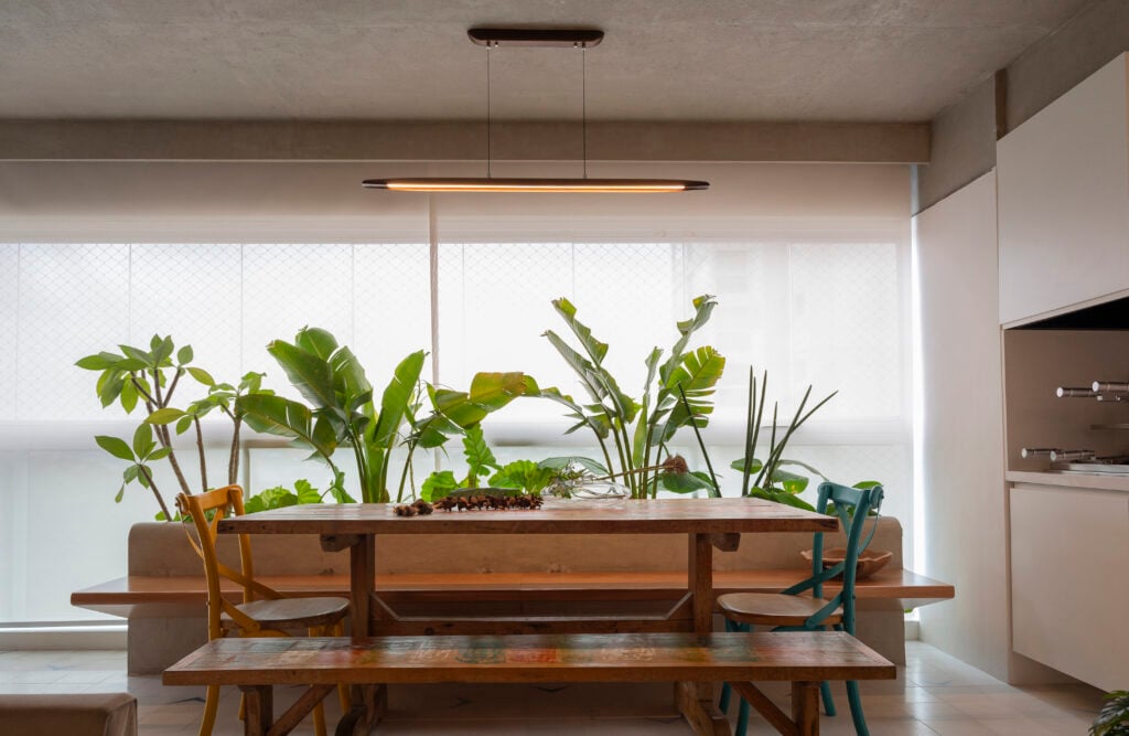 Sala de jantar com mesa e bancos de madeira, e plantas