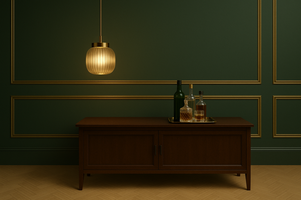 Parede verde com boiserie doudado, balcão de madeira escura e pendente próximo