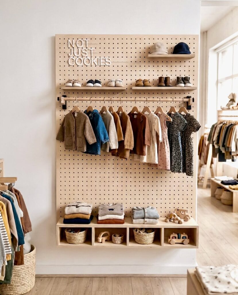 Pegboard com prateleiras e arara com cabides e roupas infantis